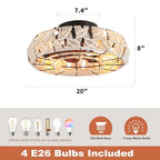 Boho Caged Ceiling Fans with Lights and Remote 20" Flush Mount 6-Speed Reversible Enclosed Low Profile Handmade Cotton Rope Ceiling Fan with Light 4 Bulbs,for Bedroom, Living Room, Kitchen - color: Cream Leaves