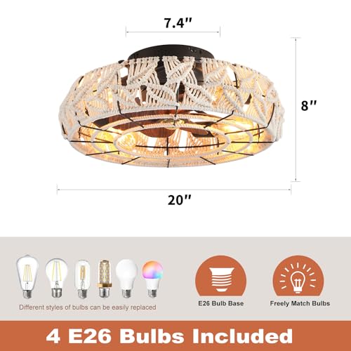 Boho Caged Ceiling Fans with Lights and Remote 20" Flush Mount 6-Speed Reversible Enclosed Low Profile Handmade Cotton Rope Ceiling Fan with Light 4 Bulbs,for Bedroom, Living Room, Kitchen - color: Cream Leaves