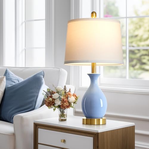 24″ Light Blue Ceramic Table Lamps Set of 2, Modern Classic Bedside Lamps for Bedroom Nightstand, Small Table Lamp for Living Room Side Table (2 LED Bulbs Included) - color: Light Blue - 24"H