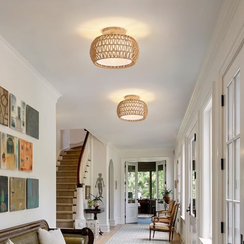 Rattan Ceiling Light Fixture，3 Style Options Boho Flush Mount Ceiling Lights, Hand-Woven Rattan Chandelier,Mini Bohemian Wicker Light Fixtures, Farmhouse Light Fixture for Bedroom Hallway Entryway - color: Light Brown