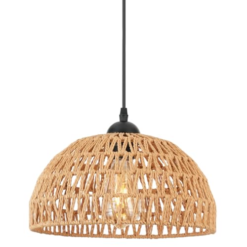 12" Rattan Pendant Light, Boho Dome Woven Hanging Light Fixture, Adjustable Height Natural Style Ceiling Lamp for Kitchen Island, Dining Room, Entryway, Bedroom, Hallway, EH61760P1