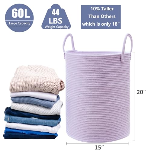 60L Large Purple Laundry Hamper Basket for Nursery Kids Tall Lavender Blanket Basket for Girls Cotton Rope Lilac Clothes Hamper in Bedroom 15Dx20H inches - color: Purple, size: Large (60L)
