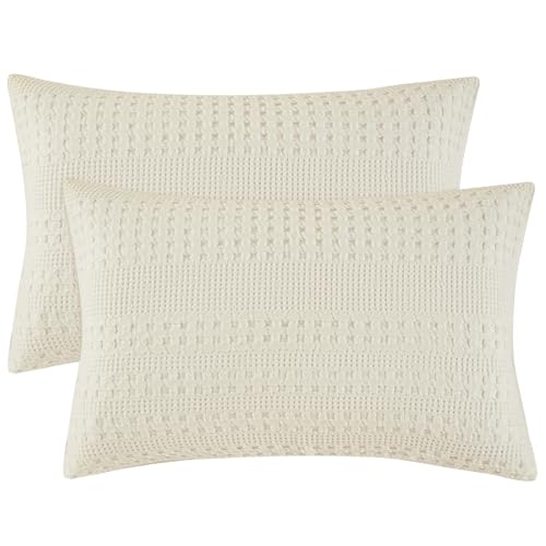 PHF 100% Cotton Waffle Pillow Shams Standard Size, 2 Pack 20" x 26" Soft Skin-Friendly Pillowcases, No Filling, Aesthetic Woven and Breathable Waffle Weave Pillow Case Covers for Bed, Ivory - color: Ivory, size: 26" x 20" (Pack of 2)