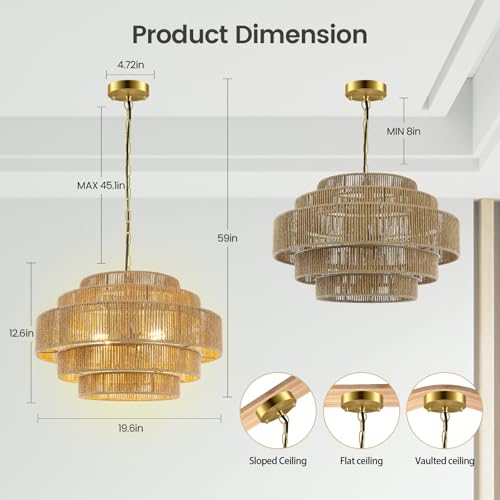 BoostArea 5-Tier Boho Chandelier Light Fixture,20" Hand Woven Pendant Lights Kitchen Island,Large Farmhouse Pendant Light for Kitchen,Dining Room,Hallway, Foyer - color: Gold & Brown