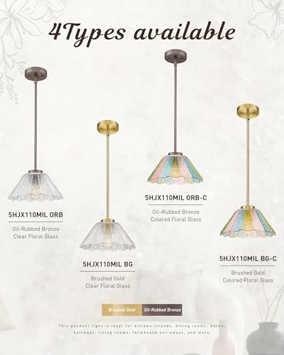 Modern Pendant Light Fixtures, HWH Pendant Lights for Island Dining Room Hallway, Bedroom, Gold Hanging Lighting with Clear Floral Glass, Brushed Gold Finish, 5HJX110MIL BG - color: Gold