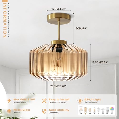 Amber Glass Flush Mount Ceiling Light Fixture, 11.02 Inch Modern Dome Light with Warm Gold Finish for Bedroom, Kitchen, Textured Glass Shade, Easy to Install, 1-Light E26 Socket - color: Amber, 1-Light