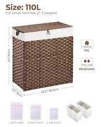 Greenstell Laundry Hamper with lid, No Install Needed, 110L Wicker Laundry Baskets Foldable 2 Removable Liner Bags, 2 Section Clothes Hamper Handwoven Rattan Laundry Basket with Handles, Brown - color: Brown