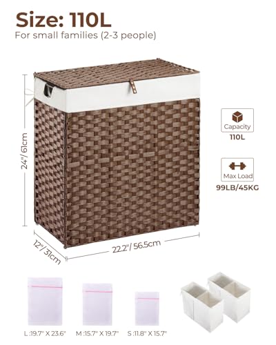 Greenstell Laundry Hamper with lid, No Install Needed, 110L Wicker Laundry Baskets Foldable 2 Removable Liner Bags, 2 Section Clothes Hamper Handwoven Rattan Laundry Basket with Handles, Brown - color: Brown