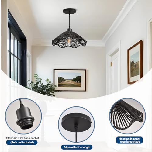 3 Pack Black Woven Pendant Light Fixtures,11.81" Rattan Pendant Lights Farmhouse Basket Light Fixture Adjustable Boho Hanging Lamp for Kitchen Island Bedroom Dining Room Foyer Hallway - color: flower+black