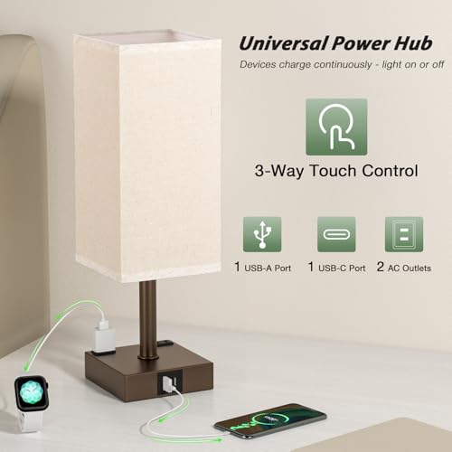 aooshine Brown Base Touch Lamps Set of 2 - Nightstand Lamp with USB-C + A Charge Ports & AC Outlets, 3-Way Dimmable Bedside Lamp, Small Table Lamp Light for Bedroom (Bulb Included) - color: Brown