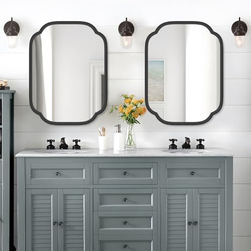 Ferytange Black Bathroom Mirror for Wall, 18" x 24" Rectangular Wall Mirror for Bathroom Metal Frame Farmhouse Rounded Corner Wall Mirror (Horizontal/Vertical) - color: Black, size: 24"L x 18"W