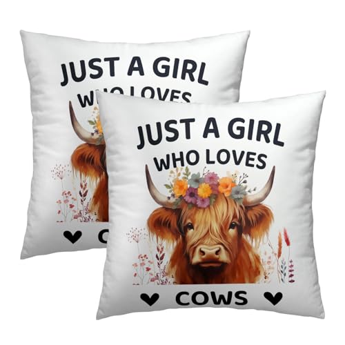 Just a Girl Who Loves Cows Pillow Covers 16x16 Inch Set of 2, Cute Floral Cow Throw Pillow Covers Square White Cotton Cushion Cover for Home Couch Sofa Patio Bedroom Livingroom - color: Cow240103, size: 16" x 16" (Pack of 2)