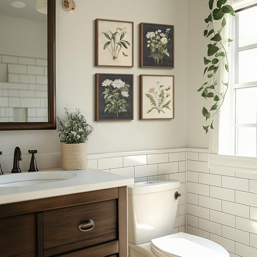 Framed Botanical Wall Art, 4 Piece Vintage Farmhouse Floral Canvas Painting Prints Artwork for Bathroom Walls, Rustic Flower Butterfly Pictures for Kitchen Bedroom Hallway Home Decor, 8x10 Inch - color: Vintage - Walnut Framed, size: 8" W x 10" H x 4pcs