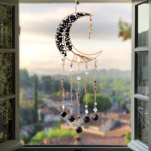 Agate Moon Dream Catchers with Crystal 7 Chakra Gemstone Dream Catchers Color Natural Gem Agate Wall Hangings Room Garden Dreamcatchers Decor (Black) - color: Black