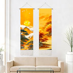 seewan 2 Pack Long Vertical Wall Tapestry, Boho Nature Landscape & Floral Aesthetic Wall Hanging for Bedroom Living Room Home Decor, Long Narrow Art Tapestry with Sunrise Mountain Botanical Designs, 13" × 51" (Golden Horizon Dawn, 13"Wx51"H, Unframed) - c