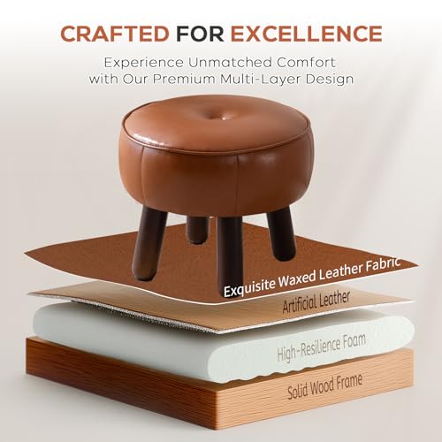 oakvivo Small Foot Stool, Round Faux Leather Pouf Ottoman Foot Rest, Footstool Ottomans with Rubber Legs Under Desk, 13''L x 13''W x 10.2''H, Footrest for Couch, Living Room, Bedroom, Hallway, Brown - color: Brown