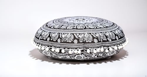 Round Mandala Floor Pillow Cover Seating Cushion Throw Cover Hippie Decorative Bohemian Ottoman Pouf Cover, Pom Pom Pillow Cases,Boho Indian 22 Inches (Black Elephant Flower) - color: Black Elephant Flower