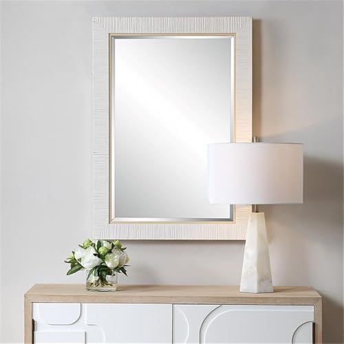 BOWERY HILL Contemporary Glass Mirror, 35" H x 25" W x 1.65" D, Whitewashed Rattan-Look Frame, 1" Bevel Accent Mirror for Coastal Style Bathroom or Home Decor
