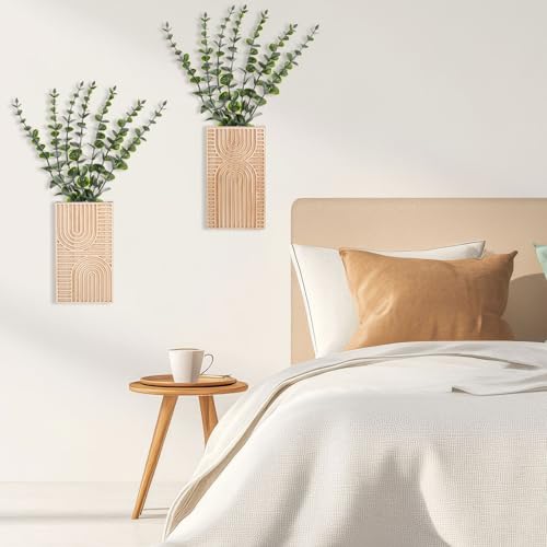 2 Pack Modern Farmhouse Wall Decor Wood Planter Vase with Artificial Eucalyptus Farmhouse Bohemian Hanging Wall Decor for Bathroom Dinning Room Living Room Hallway Bedroom(Brown) - color: Brown