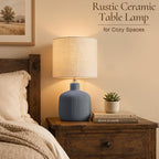 Ceramic Table Lamp, 17.75" Nautical Bedside Lamp with Beige Linen Shade, Warm Ambient Nightstand Lighting for Beach House, Navy Blue - color: Blue