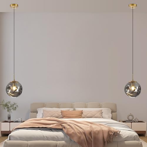 Modern Smoke Gray Concave Glass Pendant Light, 2-Pack Kitchen Island Lighting Single Globe Pendant Light Fixtures Century Kitchen Island Pendant Light for Bedroom Dining Room Light (Without Bulbs) - color: AX-Smoky Gray-1 Light-2PC