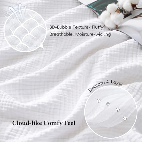 David's Home 100% Cotton Muslin Throw Blanket for College Dorm, 4-Layer Soft Breathable Lightweight Comfy Cozy Throw Guaze for Hot Sleepers, 3D Bubble Room Decor for Bed, Giftable, White, 50"x70" - color: White, size: Throw XL(50x70")