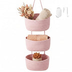 Pink 3-Tier Woven Cotton Rope Hanging Basket, Over the Door Organizer, Adjustable Detachable Wall Basket with Metal & Adhesive Hooks, No Drilling for Girls Room, Bedroom & Dresser Storage - style: Pink