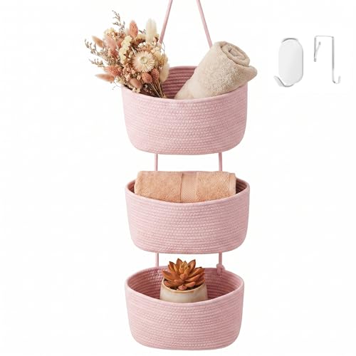 Pink 3-Tier Woven Cotton Rope Hanging Basket, Over the Door Organizer, Adjustable Detachable Wall Basket with Metal & Adhesive Hooks, No Drilling for Girls Room, Bedroom & Dresser Storage - style: Pink