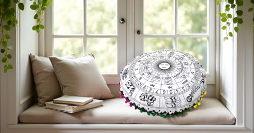 Round Mandala Floor Pillow Cover Seating Cushion Throw Cover Hippie Decorative Bohemian Ottoman Pouf Cover, Pom Pom Pillow Cases,Boho Indian 32 Inches Black and White Zodiac - color: Black/White Zodiac, size: 32" Round
