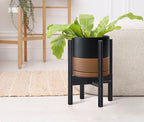 D'vine Dev Ceramic Planter with Ebony Stand - 8 Inch Modern Round Flower Pot with Wood Planter Holder, Black/Speckled Tan, 55-B-M-7 - color: Black/Speckled Tan Pot + Ebony Stand, size: 8 Inch