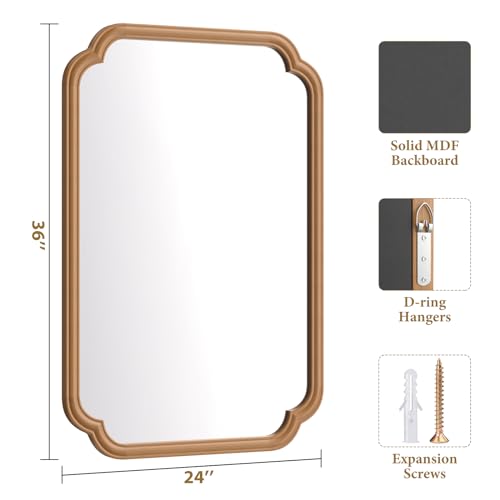 Ferytange Wood Bathroom Mirror for Wall Mounted, 24" x 36" Rustic Bathroom Mirror for Over Sink with Wood Frame Farmhouse Rounded Corner Rectangle Mirror Decorative(Natural Color) - color: Natural Wood, size: 36"L x 24"W