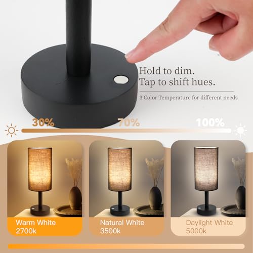 LALISU Small Table Lamp Nightstand Lamp Linen Lampshade Bedroom Wood Base Small Bedside Lamp for Night Stands, Desk Lamps for Reading Living Room, Office (LED Bulb Included) (Black and Cordless) - color: Black and Cordless
