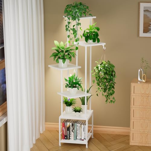 Homsorout Plant Stand Indoor with Grow Light - 6-Tier Metal Plant Shelf with Hanging Basket Hook, Corner Tall Flower Holder for Multiple Plants, Living Room Balcony Garden Patio, White - color: White, size: 6-Tier