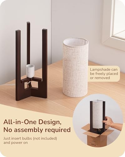 EDISHINE Wood Table Lamp, 13.5" Small Bedside Lamp, Beige Linen Shade, Rosewood Cylinder Nightstand Lamp for Bedroom Living Room, On-Off Line Switch, E26 Base (Bulb Not Included) - color: Dark Walnut Color
