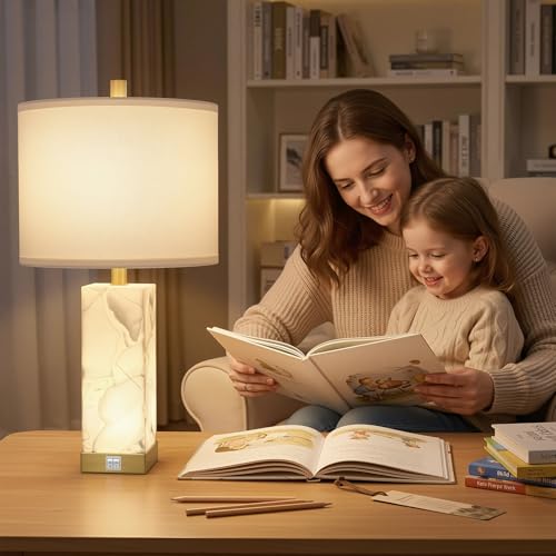 Scenekoy 23" Alabaster Table Lamps Set of 2 for Living Room Bedroom, Bedside Lamps with USB A+C Ports, Modern Table Lamp with Linen Shade for Living Room Bedroom Nightstand (Bulbs Included) - color: White-2