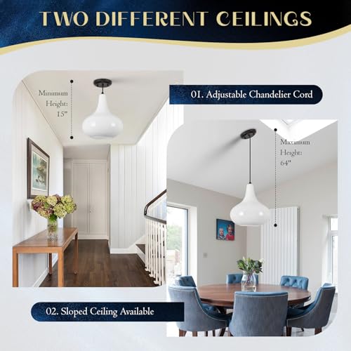 11" Milk White Glass Pendant Light – Modern Ceiling Hanging Fixture Matte Black for Kitchen Island, Dining Room, Hallway – E26 Base - color: White