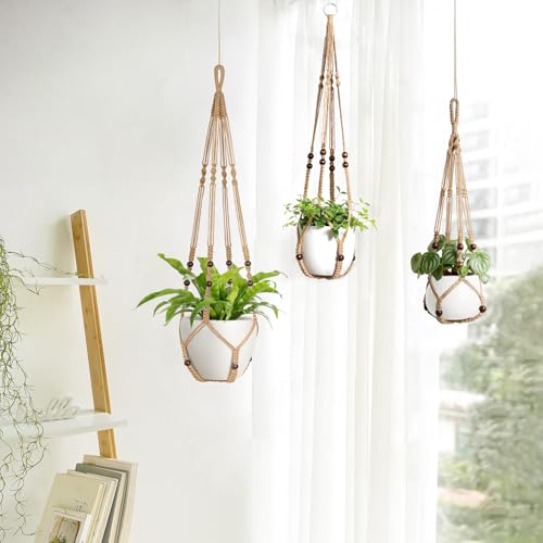 Mkono 3 Pack Macrame Plant Hangers Indoor Different Size Hanging Planter Basket Flower Pot Holder with Beads No Tasselss 43"/35"/29", Large, Brown - color: Brown, size: Large