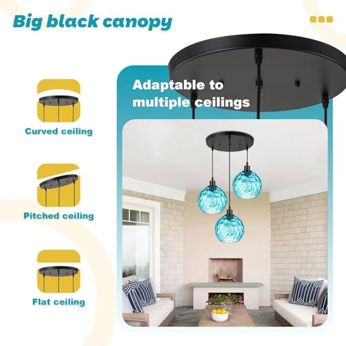 3-Light Kitchen Island Pendant Light with Blue Glass Shades, Adjustable Black Hanging Ceiling Lamp, Mid Century Modern Chandelier for Dining Room, Breakfast Bar, Farmhouse - color: Blue, 3-Light