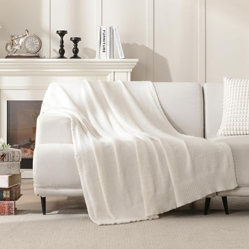 Knit Throw Blanket Super Soft Warm Blanket for Couch Lightweight Fluffy Blanket for Bed Sofa 50x60 Inches Cream - color: Cream, size: 50x60