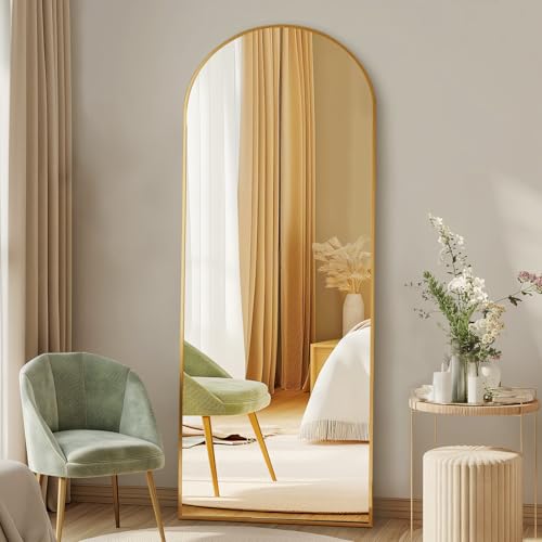 DUMOS 56"x15" Arched Full Length Floor Mirror, Full Body Mirror with Stand, Shatterproof Tempered Glass, Modern Aluminum Alloy Frame, Free Standing or Leaning for Home Decor, Gold - color: Gold-arched, size: 56"L x 15"W