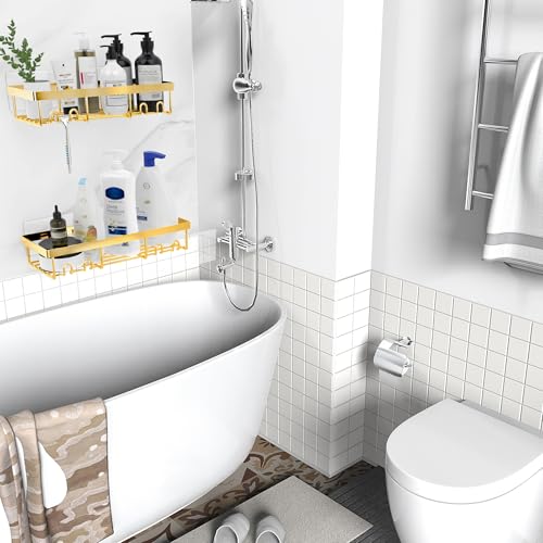 Moforoco Shower Caddy Shelf Organizer Rack, Self Adhesive Black Bathroom Shelves Basket, Home Farmhouse Wall Inside Organization and Storage Decor Rv Accessories, First Camper Apartment Essentials - color: Gold, size: Medium