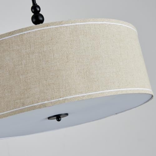 Shrine Lighting Drum Chandeliers, Farmhouse Style, Perfect Drum Pendant Light for Dining Room, D21'' x H8'', Adjustable Chains 59'', E26*3 Sockets, Beige Linen Fabric Lampshade & Black Rod - color: Beige&Black D20''