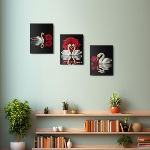 3 Pcs Romantic Swans Red Rose Canvas Wall Art, Animal Swan Wall Decor Framed Prints for Home Bedroom Living Room Office Apartment Decor, Housewarming Gifts 11.5x15 Inch - color: Multi 1366