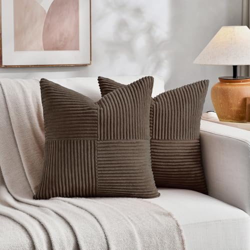 Fancy Homi 2 Packs Dark Brown Decorative Throw Pillow Covers 12x12 Inch with for Living Room Couch Bed, Rustic Farmhouse Boho Home Decor, Soft Corss Patchwork Corduroy Square Cushion Case 30x30 cm - color: Dark Brown, size: 12" x 12" (Pack of 2)