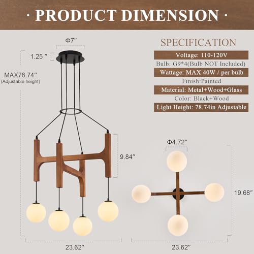 Rustic Wood Chandeliers with Milk Glass Globes Lampshades L24 '' Unique Mid Century Long 4-Light Pendant Chandelier Wood Stained Walnut Farmhouse for Living Dining Room Entryway Bedroom Kitchen,G9 - color: Walnut, size: L24 inches