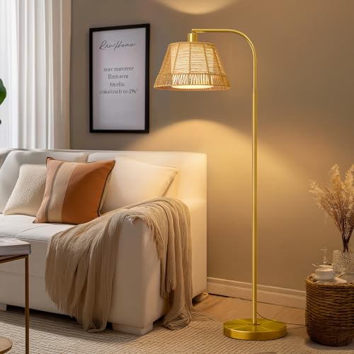 Oneach Arc Floor Lamp for Living Room,Rattan Boho Floor Lamp with Hand-Woven Wicker & Fabric Shade, Foot Switch,Gold Metal Base & Pole,Farmhouse Standing Lamp for Bedroom Corner,Office,Reading - color: Gold