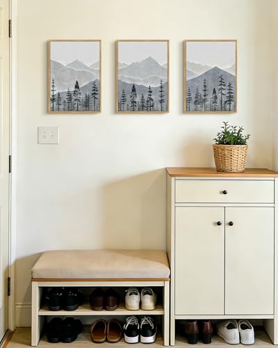 KUVIOKE Mountain Landscape Framed Wall Art Watercolor Nature Forest Painting Boho Farmhouse Rustic Home Decor 11x14in (Natural Framed) - color: Green Mountain, size: 11 x 14in x 3 Panels Natural