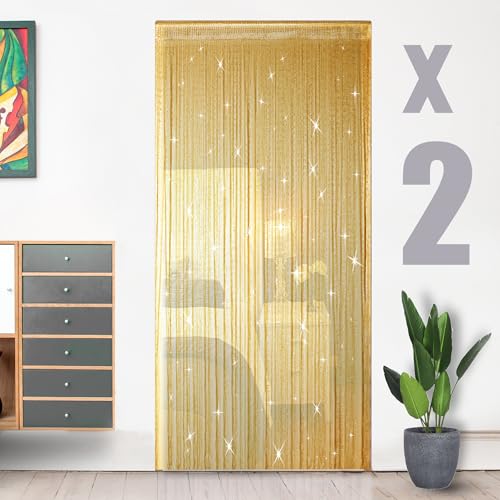 Hysenm 2 Pack 39 x 79 Inch String Door Curtains, Hippie Room Divider Decor Beaded Curtains for Doorway Closet, Boho Home Decoration for Bedroom, Party - color: Gold