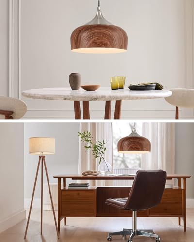 ELYONA Bauhaus Pendant Light Wooden Pattern Dome Pendant Light Fixture Brushed Nickel Metal Modern Adjustable Hanging Lighting for Kitchen Island Dining Room Office Hallway Foyer Bedroom, 12 Inch - color: Brushed Nickel & Wooden