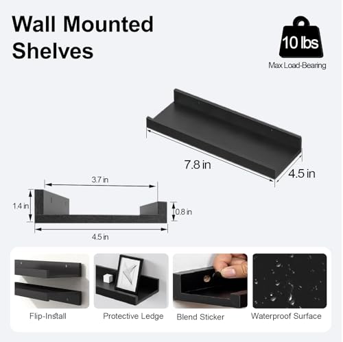 Small Black Floating Shelves for Wall Decor, Wall Mounted Wood Shelf for Bedroom, Living Room, Bathroom, Kitchen, Nursery, Display Ledge Shelf with Lip Set of 2-8 Inches, Black - color: Black, size: 7.8in